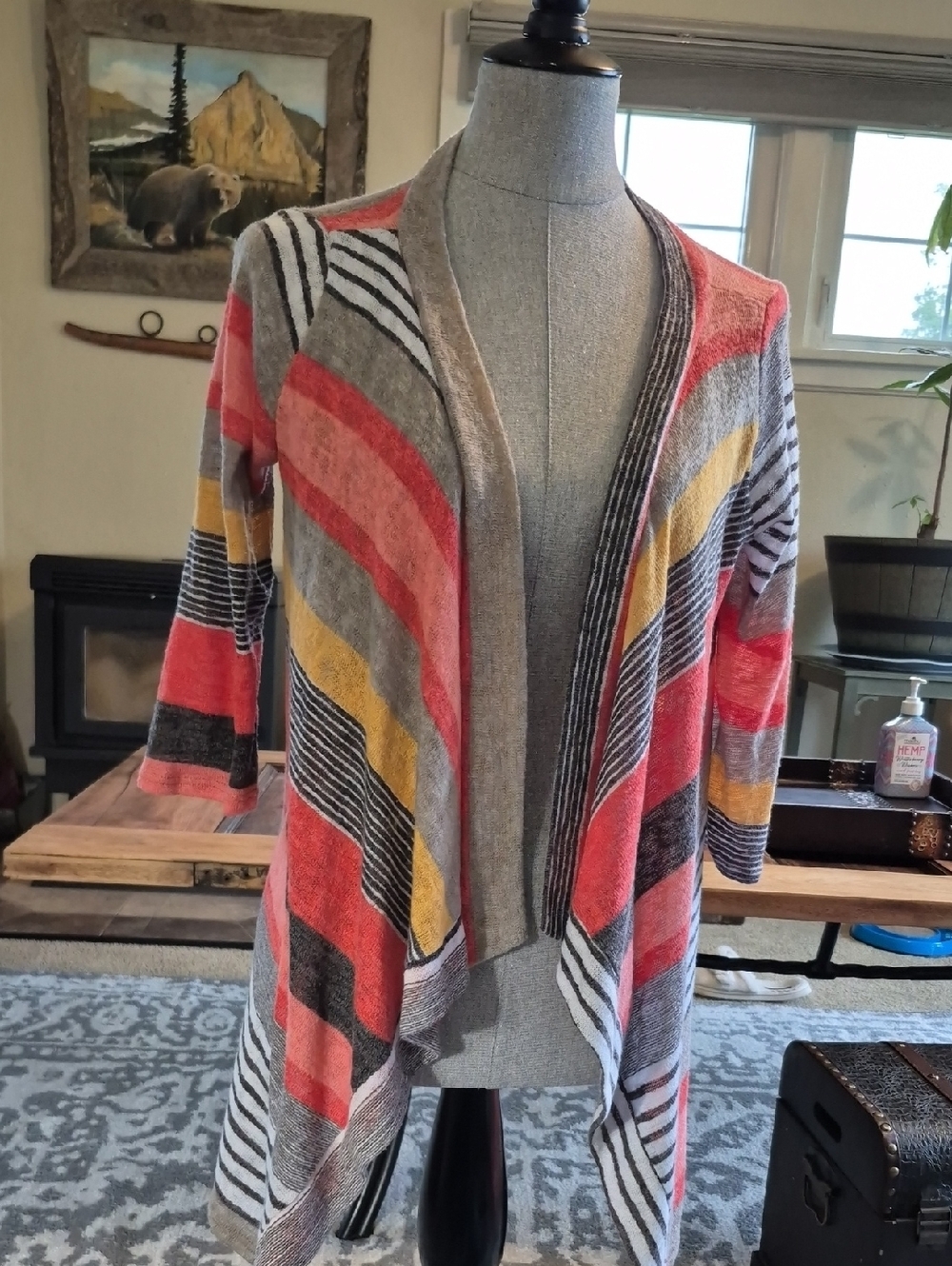 Flamingo Urban Open-Front Striped Cardigan in Coral, Gray & Yellow